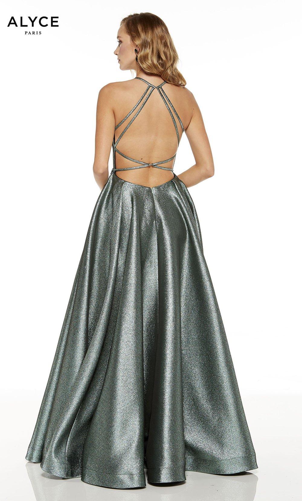 Strappy V-neck Metallic Glitter A Line Ballgown With Slit Pockets Sweep  Train – Yelure