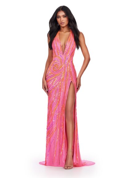 Beaded High Slit Halter by Ashley Lauren 11670 - Image 5